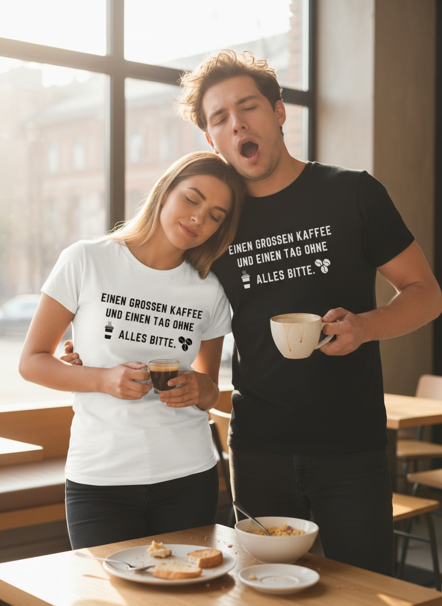 Mann und Frau tragen deine T-Shirts
