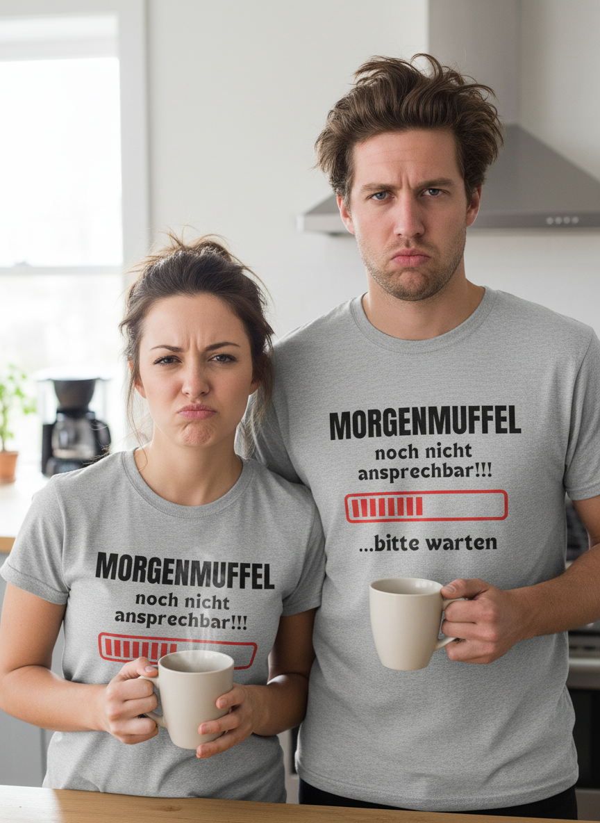 Morgenmuffel-Paar mit Fokus auf Shirt-Design