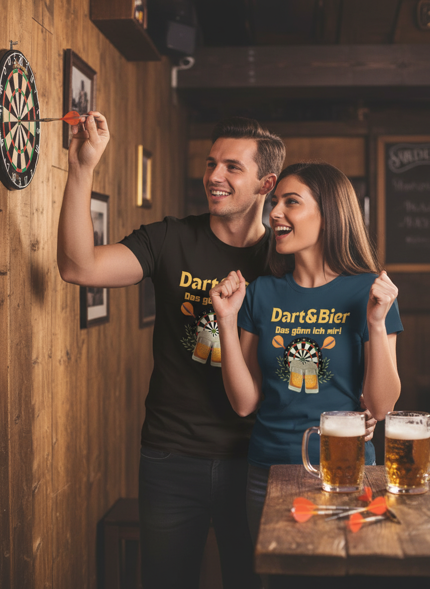 Paar beim Dart spielen mit T-Shirts