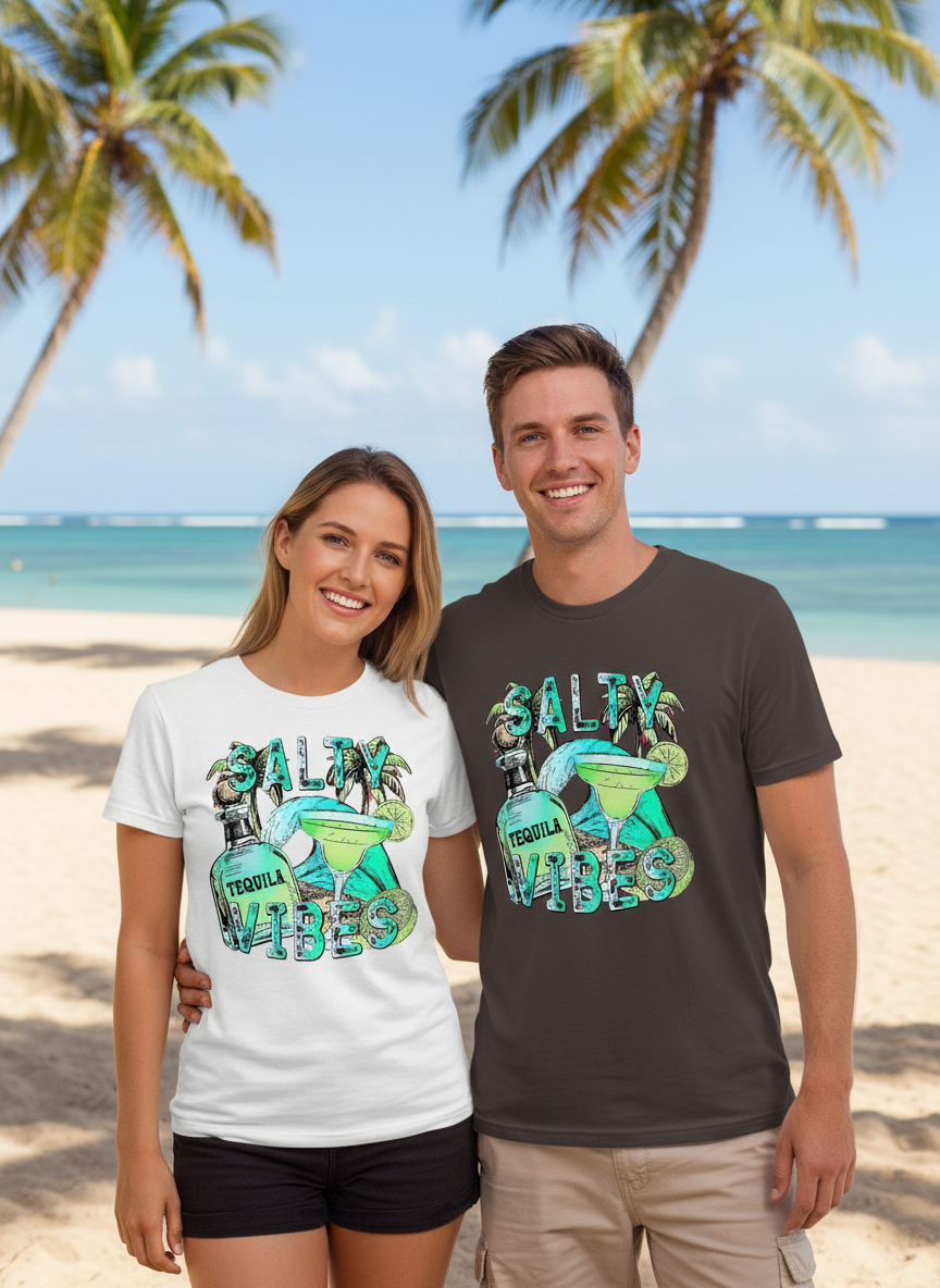 Paar im Urlaubsmodus mit Salty Vibes T-Shirts