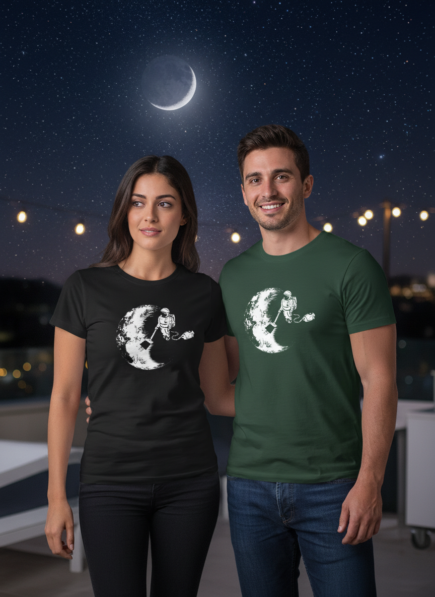 Paar mit Astronaut-Mond T-Shirts