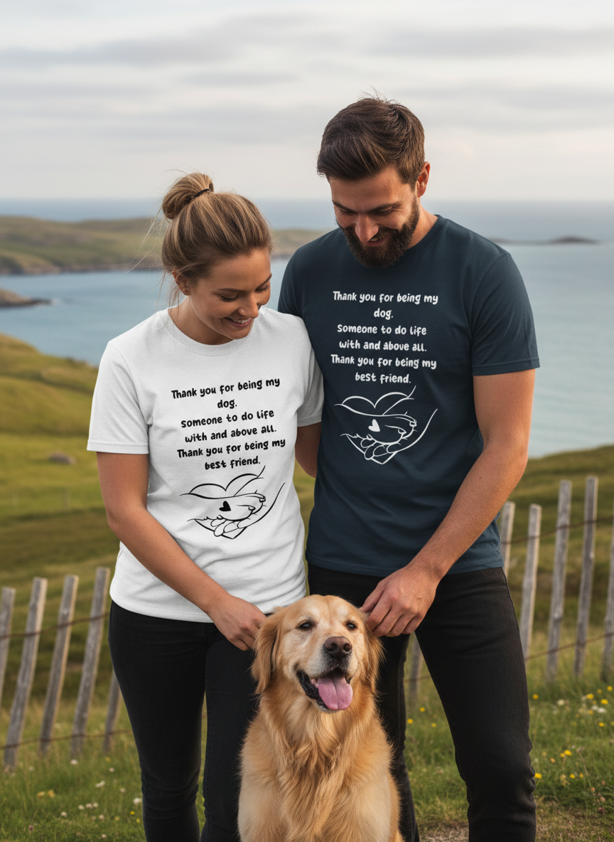 Paar mit Hund trägt T-Shirts