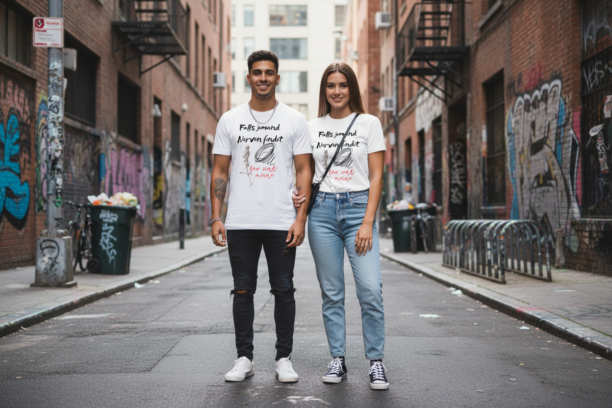 Paar mit T-Shirts im urbanen Streetlife-Setting