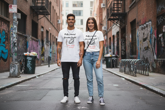 Paar mit T-Shirts im urbanen Streetlife-Setting