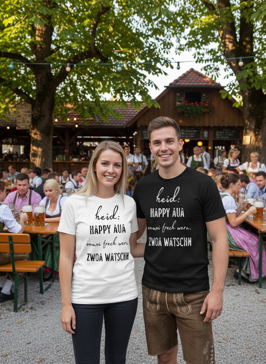 Paar trägt bayerische Dialekt T-Shirts
