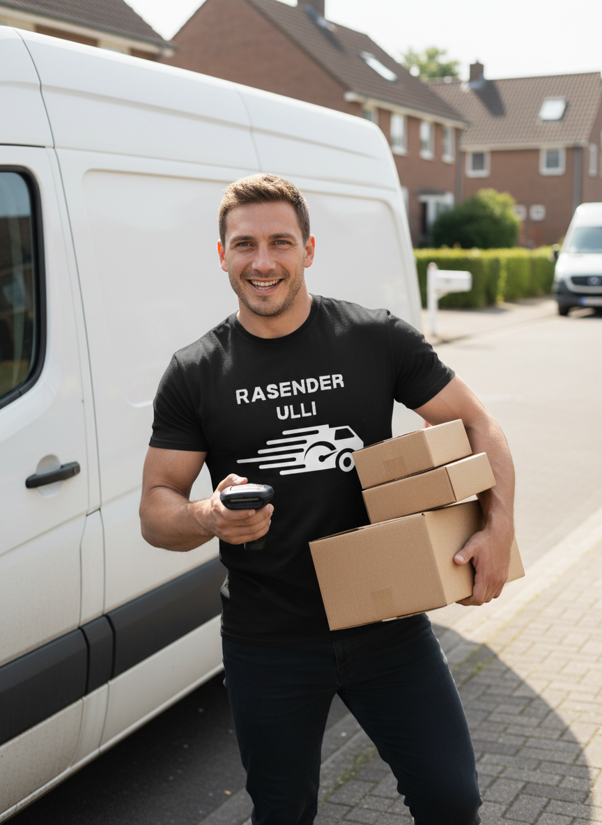 Paketfahrer mit RASENDER ULLI T-Shirt