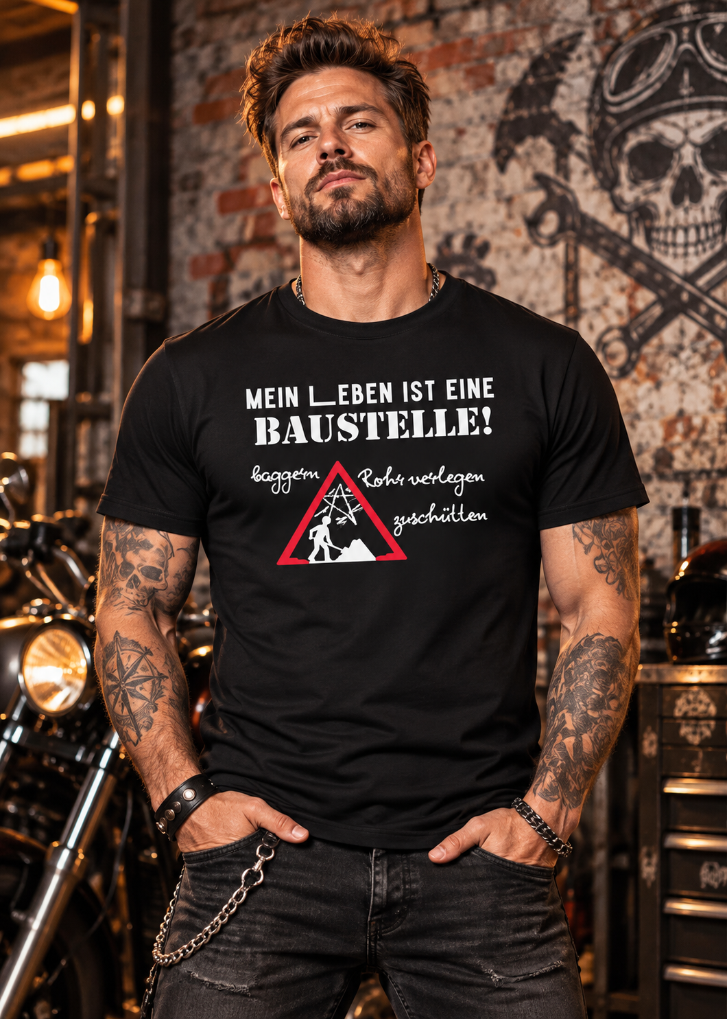 Tragebeispiel: Herren-T-Shirt „Mein Leben ist eine Baustelle“ in Black Opal.