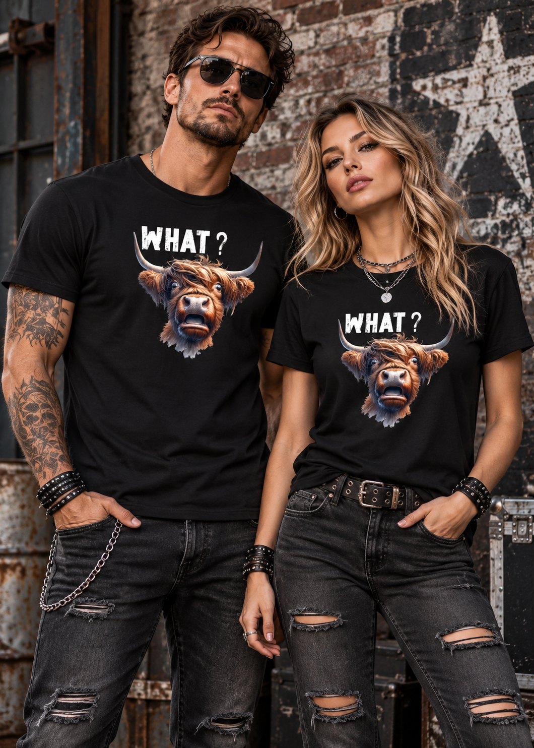 Mann und Frau in schwarzen WHAT Highland Kuh T-Shirts mit lustigem Kuhmotiv vor urbaner Graffiti- und Backsteinwand