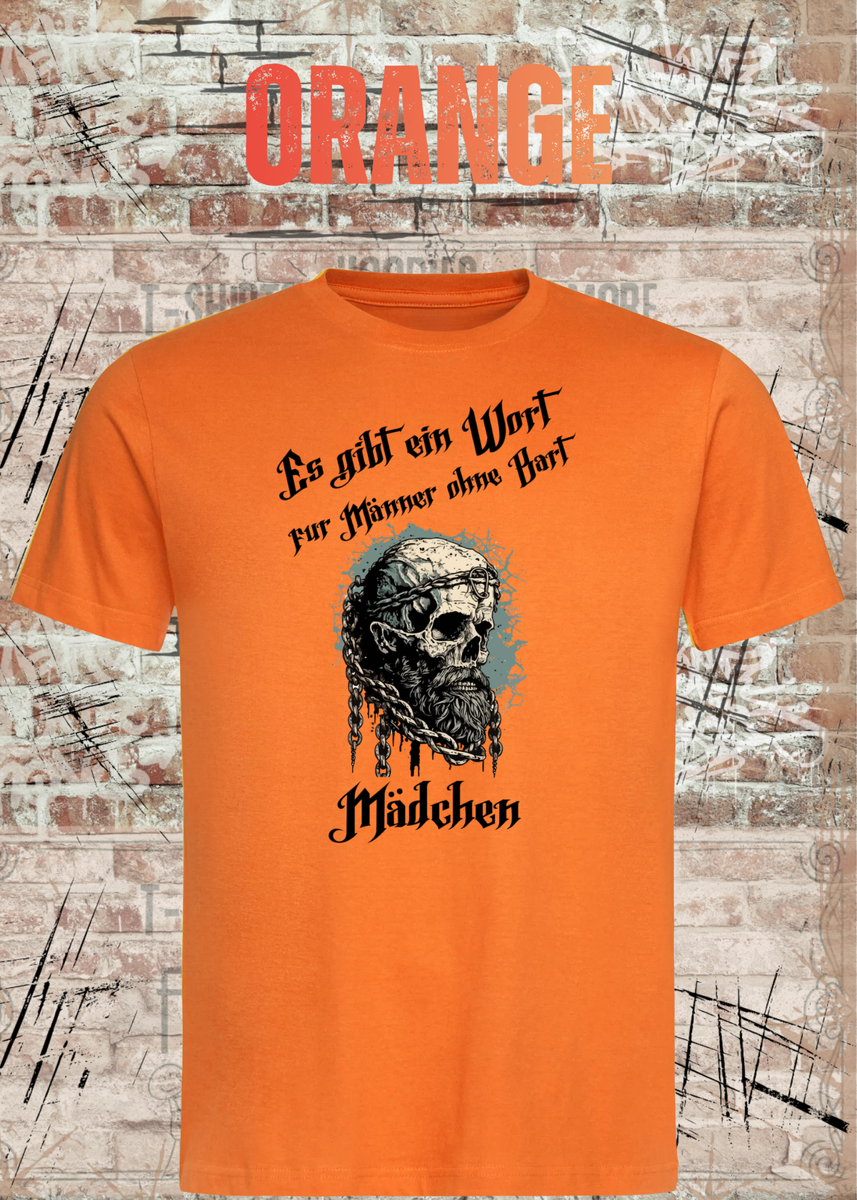 Herren-T-Shirt „Es gibt einen Namen für Männer ohne Bart“ in Orange.