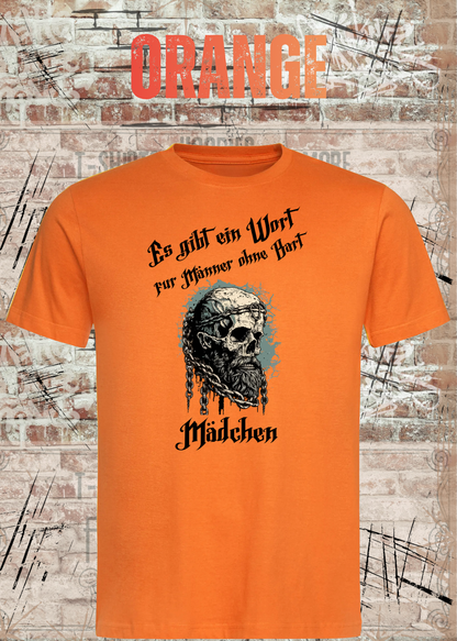 Herren-T-Shirt „Es gibt einen Namen für Männer ohne Bart“ in Orange.