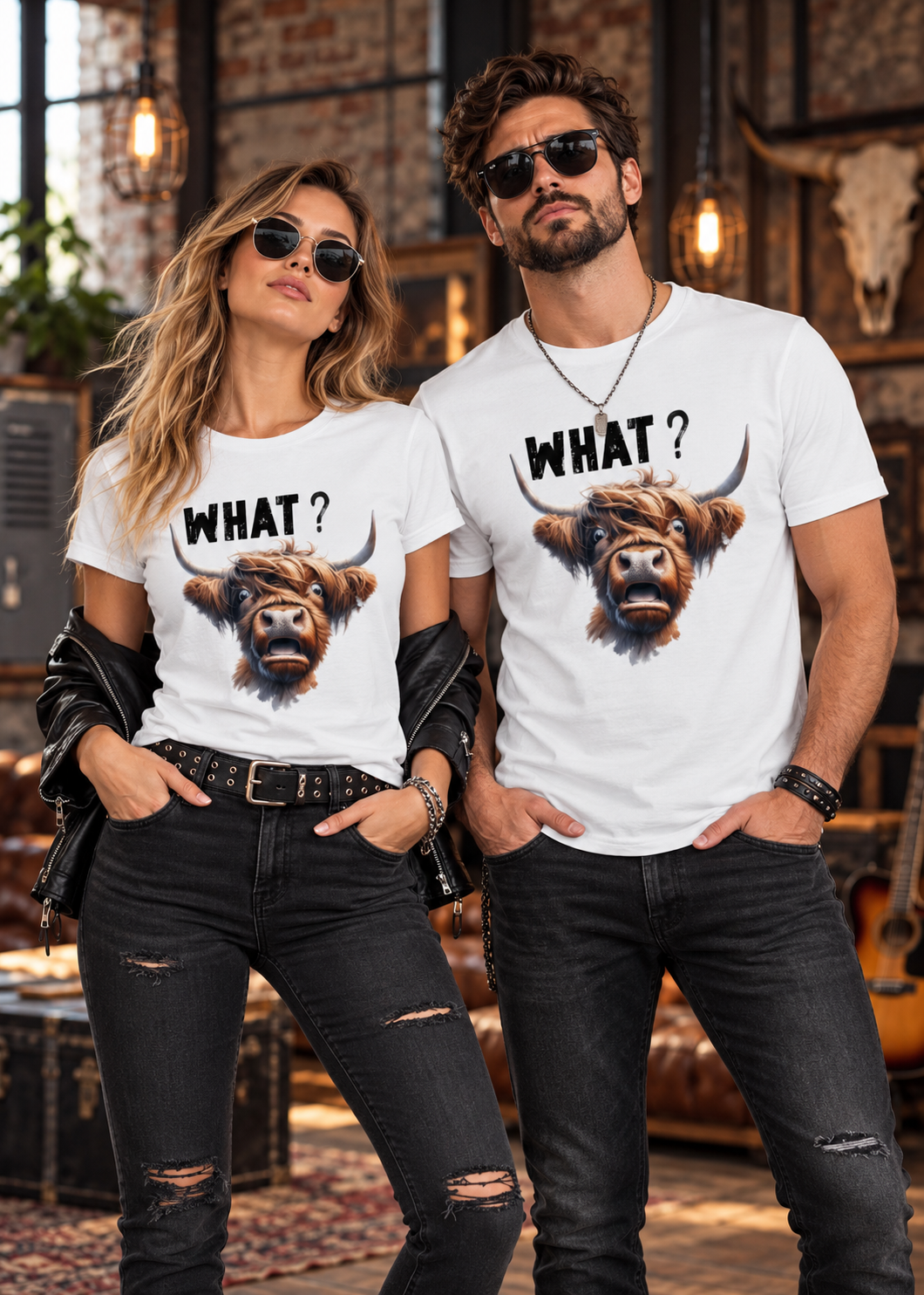 Rockiges Paar trägt weiße WHAT Highland Kuh T-Shirts mit überrascht blickendem Hochlandrind vor rustikaler Backsteinwand und Musikstudio