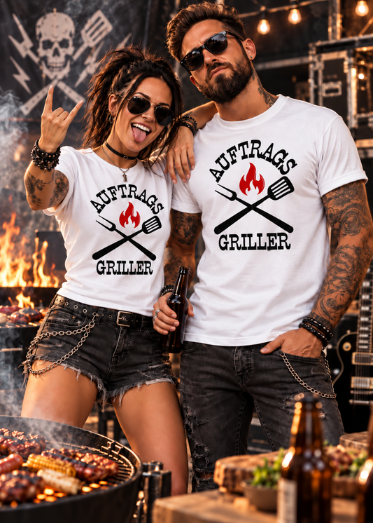 Tragebeispiel: Auftrags-Griller T-Shirt in White.