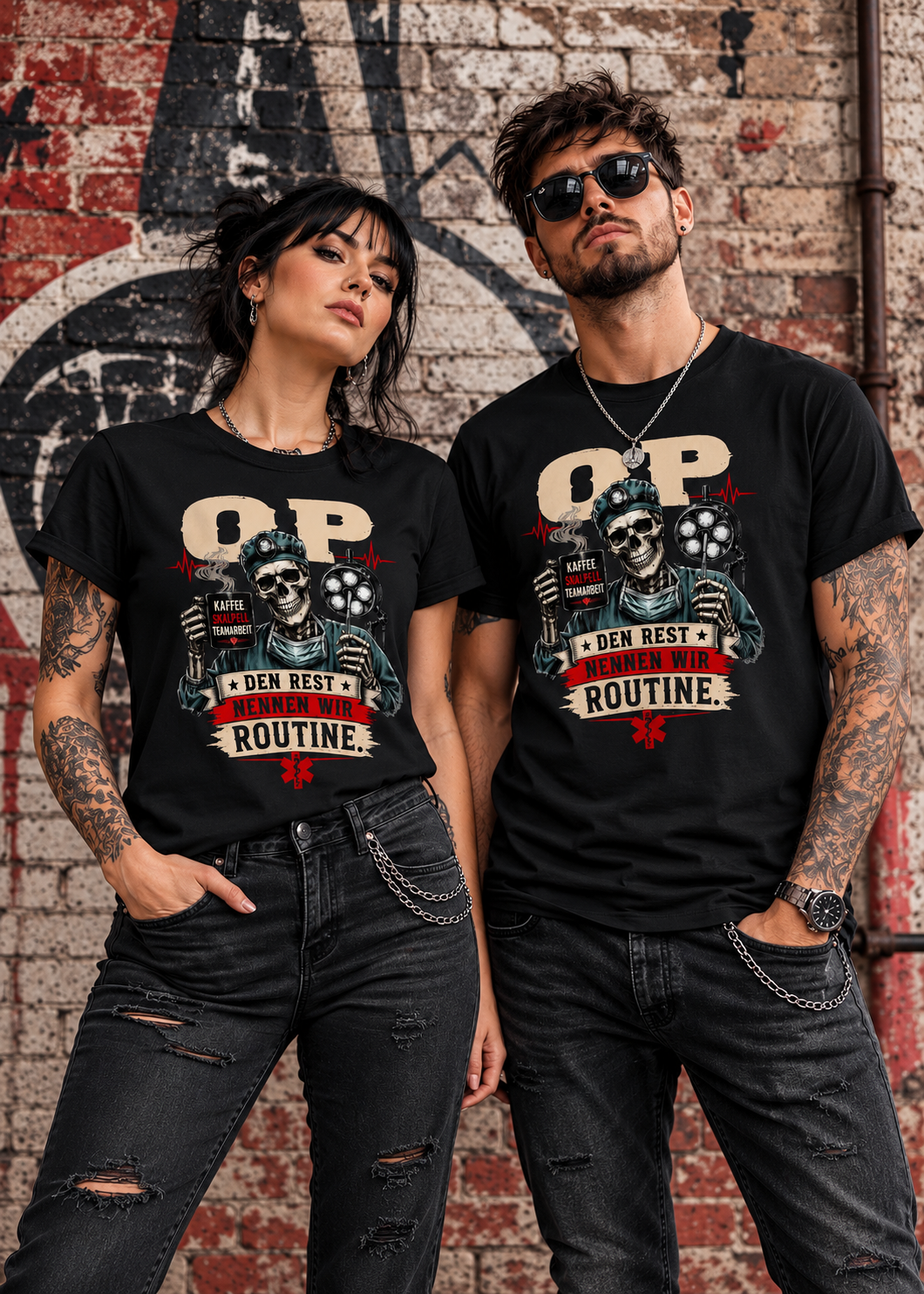 Tragebeispiel: Unisex-T-Shirt „Den Rest nennen wir Routine“ in Black Opal.