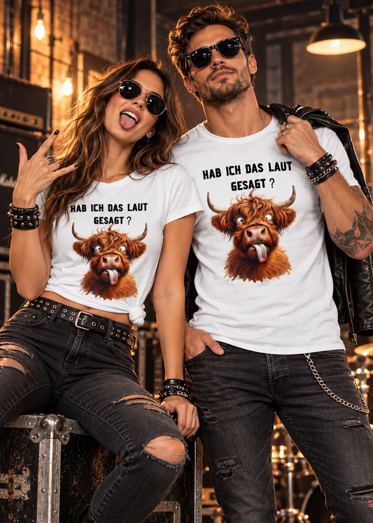Tragebeispiel: Unisex-T-Shirt „Hab ich das laut gesagt?“ in White.