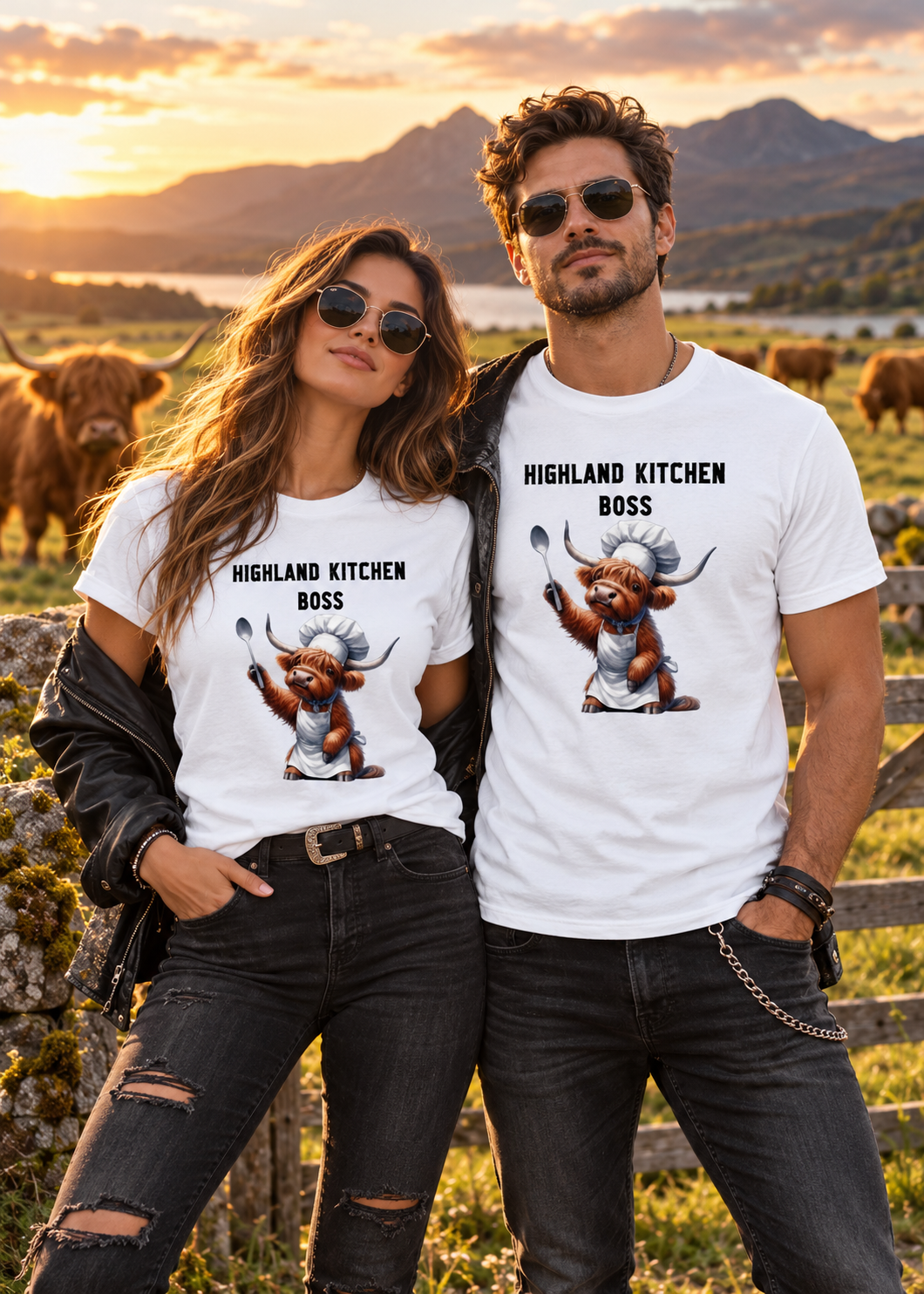 Tragebeispiel: Unisex-T-Shirt „Highland Kitchen Boss“ in White.