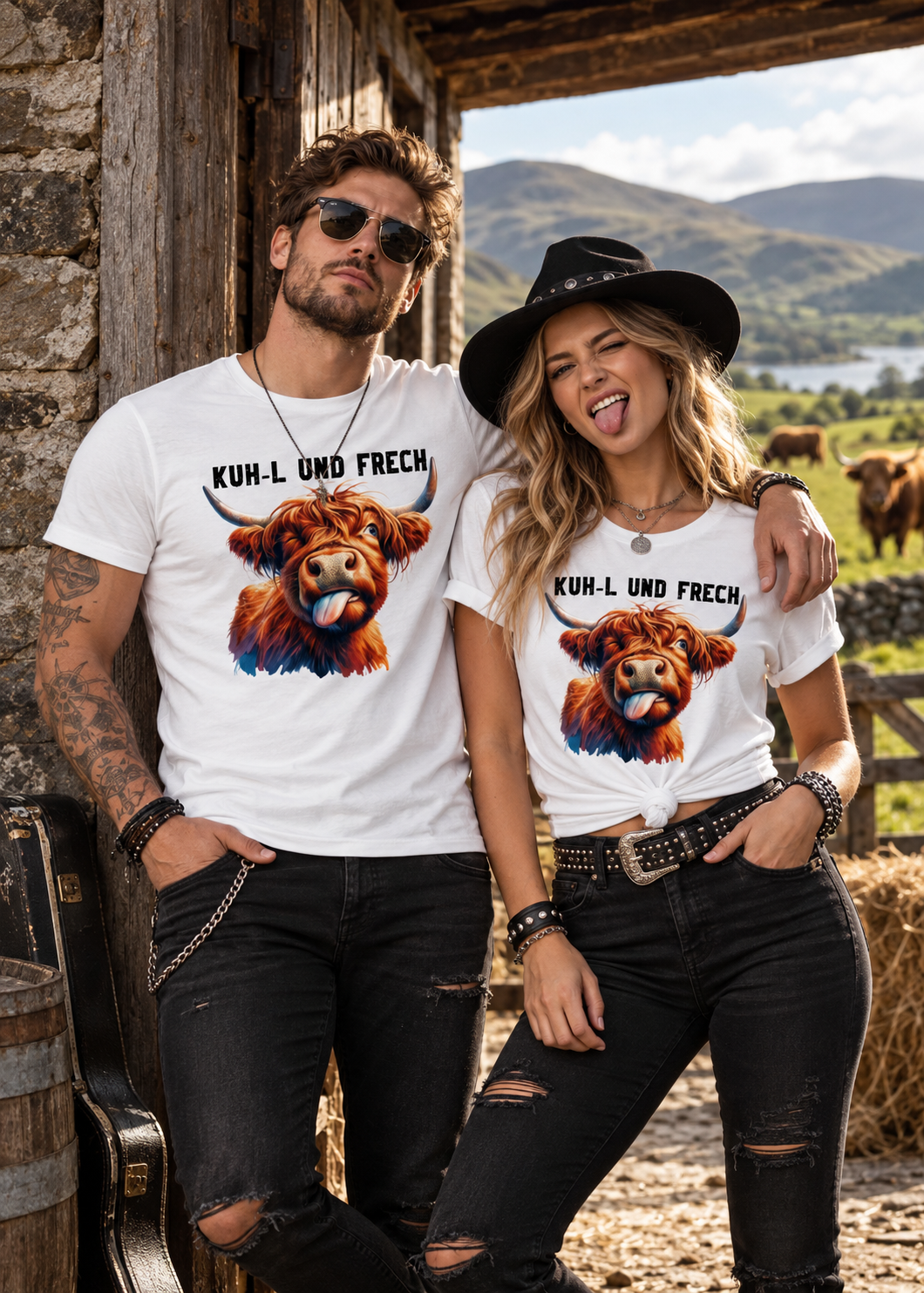 Tragebeispiel: Unisex-T-Shirt „KUH-L UND FRECH“ in White.