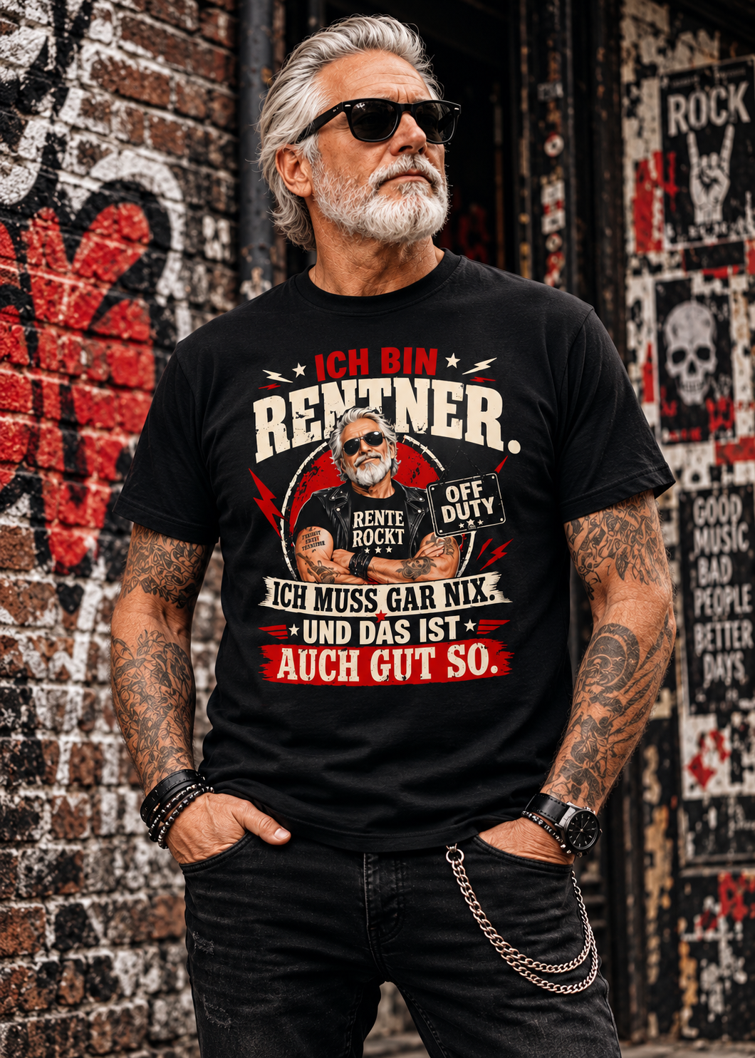 Tragebeispiel: Herren-T-Shirt „Ich bin Rentner – Ich muss gar nix“ in Black Opal.