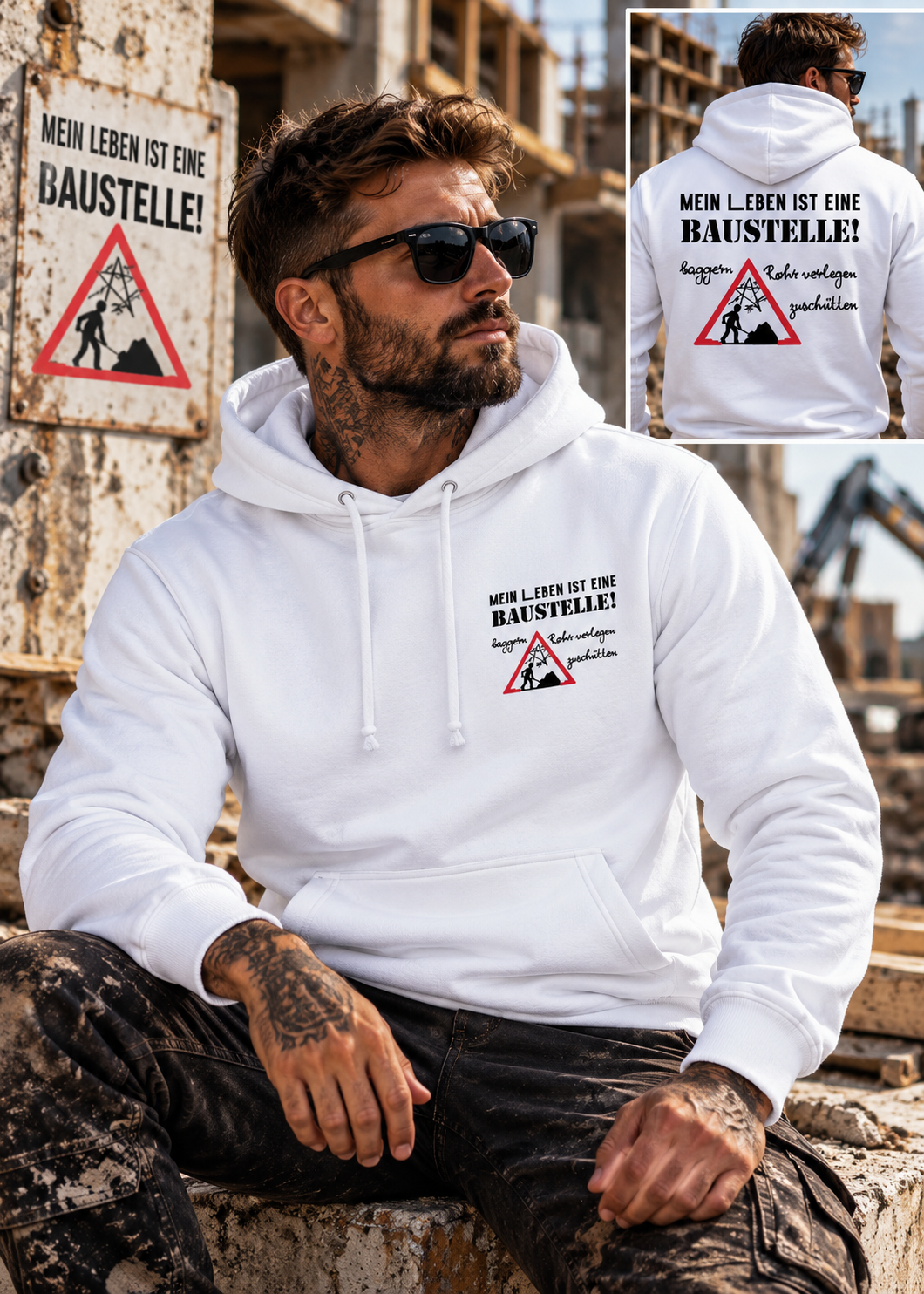 Tragebeispiel: Mein Leben ist eine Baustelle – Der Hoodie für echte Macher in Arctic White.