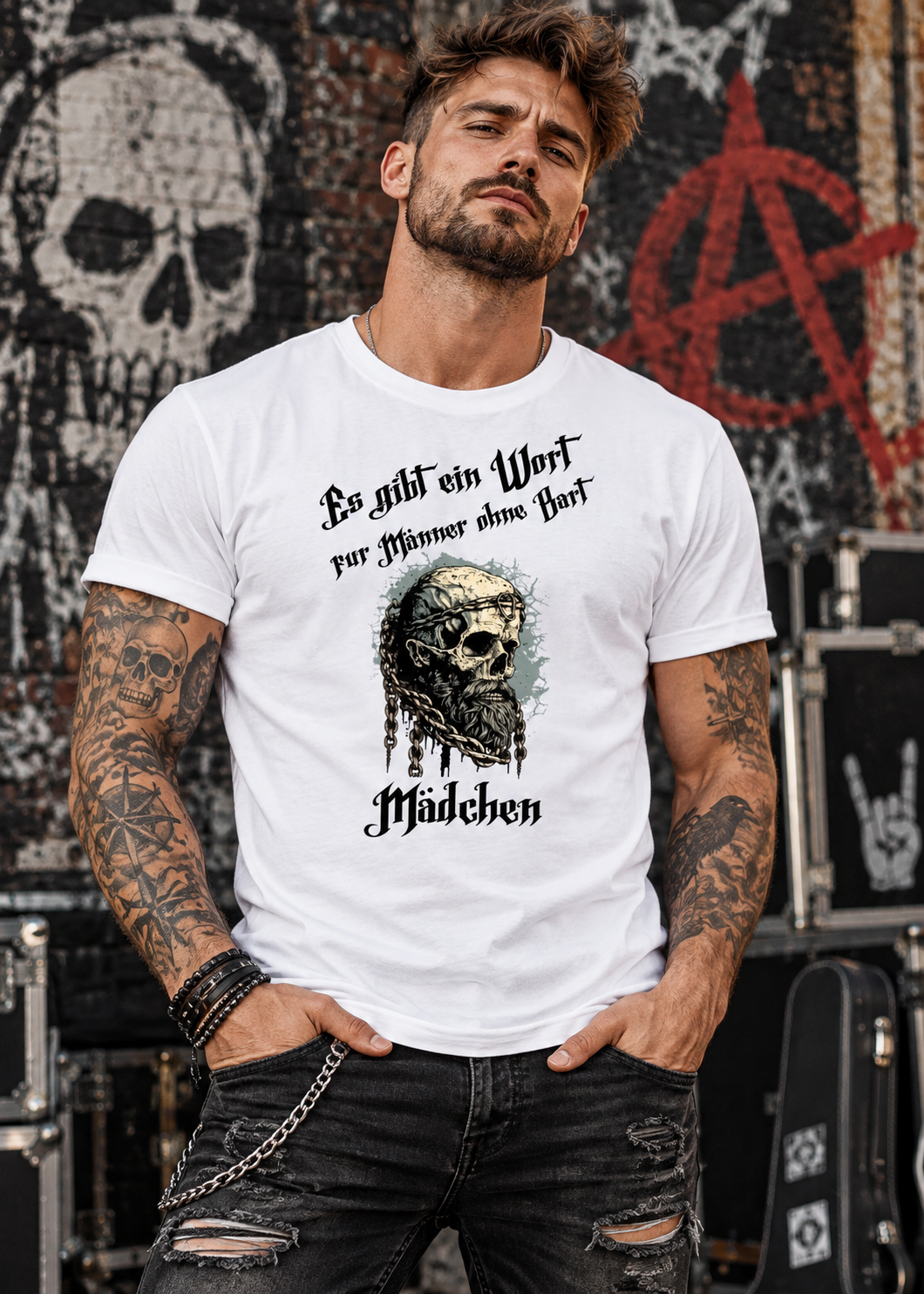 Tragebeispiel: Herren-T-Shirt „Es gibt einen Namen für Männer ohne Bart“ in White.
