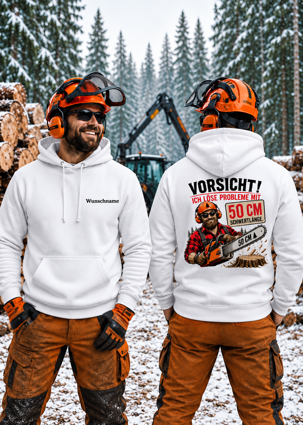 Tragebeispiel: Personalisierter Waldarbeiter Hoodie – Vorsicht! Ich löse Probleme mit 50 cm Schwertlänge in Arctic White, Vorder- und Rückseite.