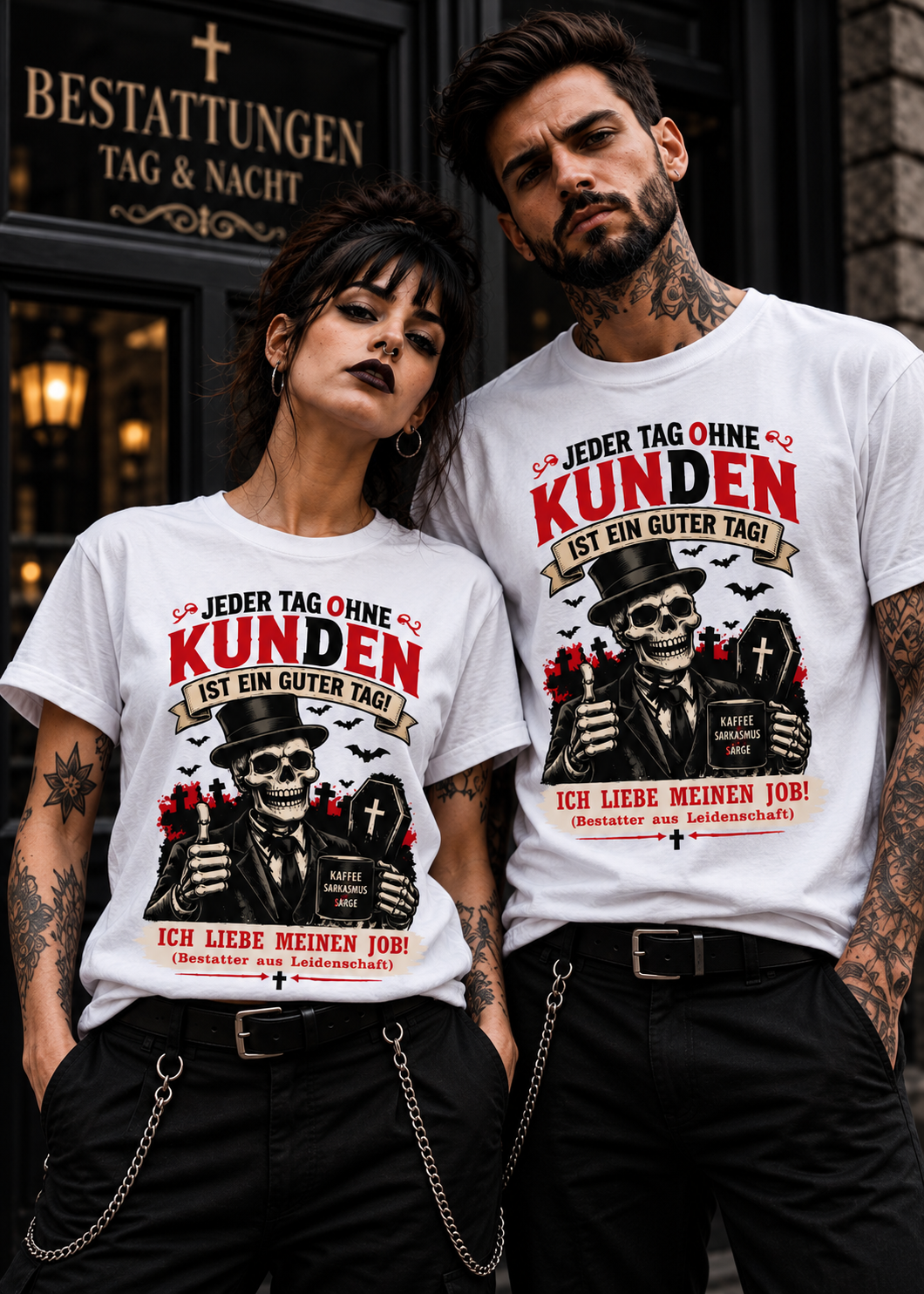 Tragebeispiel: Bestatter T-Shirt – Jeder Tag ohne Kunden ist ein guter Tag in White.