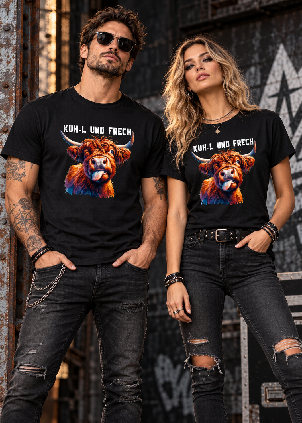 Tragebeispiel: Unisex-T-Shirt „KUH-L UND FRECH“ in Black Opal.