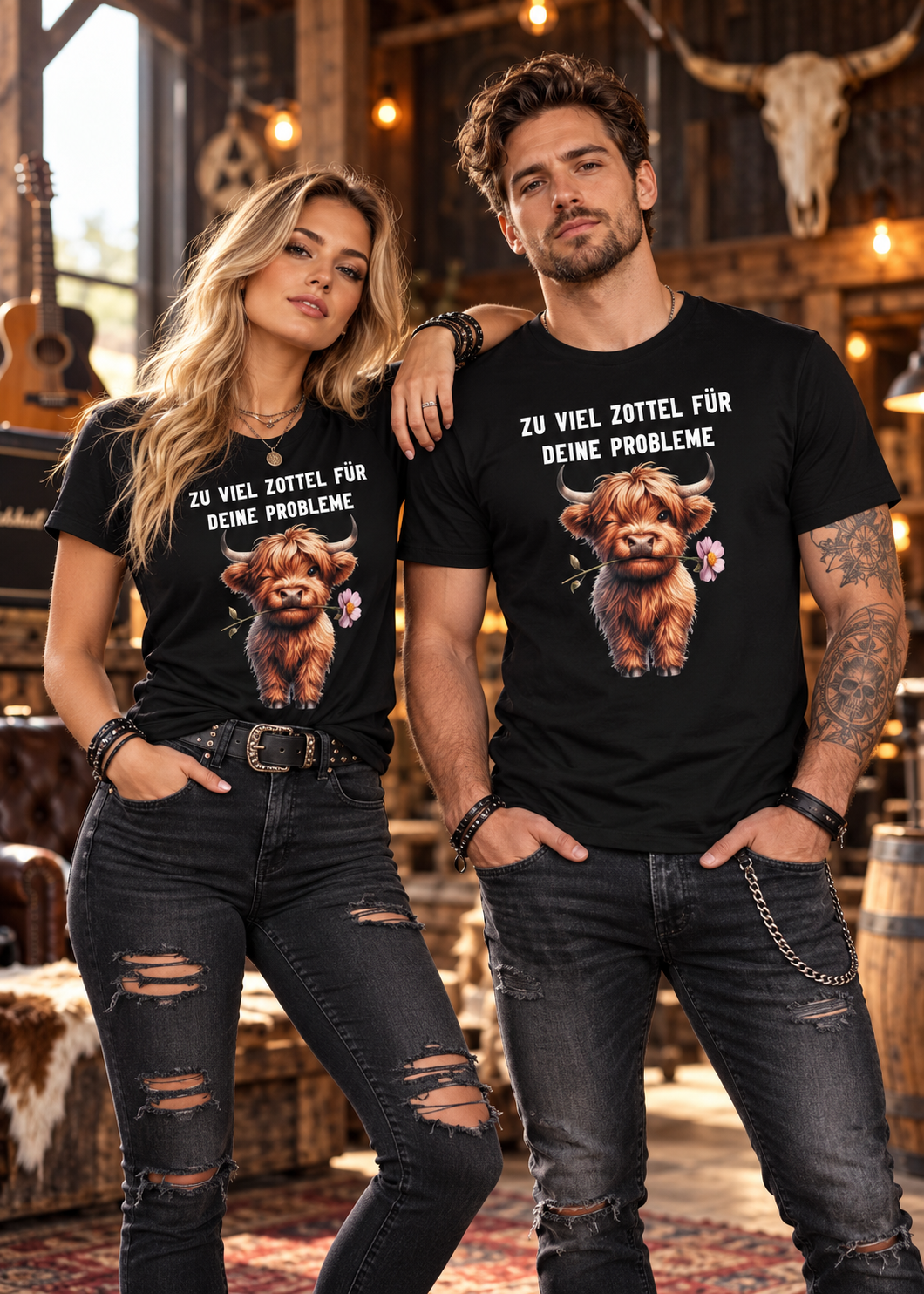 Tragebeispiel: Unisex-T-Shirt „Zu viel Zottel für deine Probleme“ in Black Opal.
