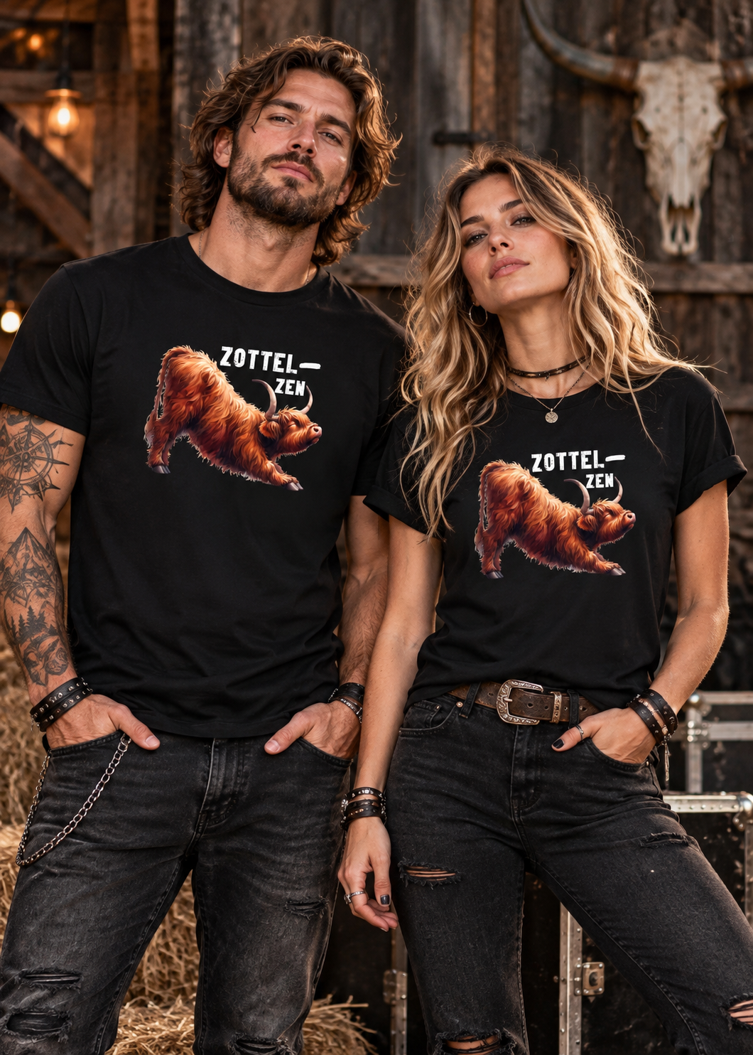 Tragebeispiel: Unisex-T-Shirt „Zottel-Zen“ in Black Opal.