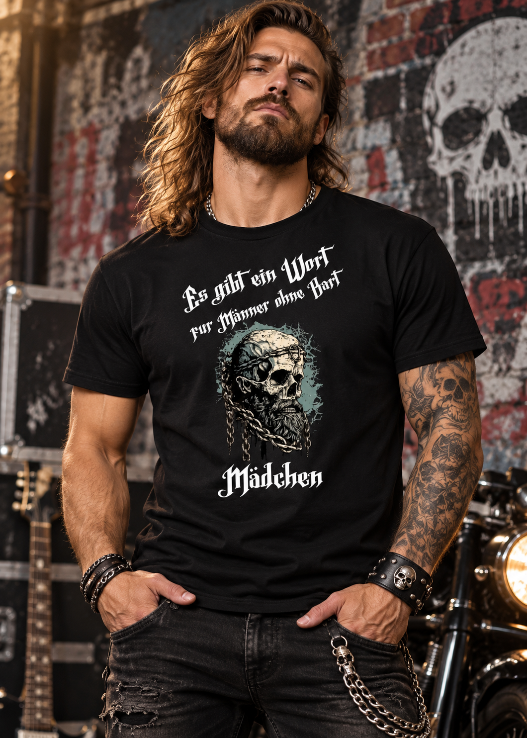 Tragebeispiel: Herren-T-Shirt „Es gibt einen Namen für Männer ohne Bart“ in Black Opal.