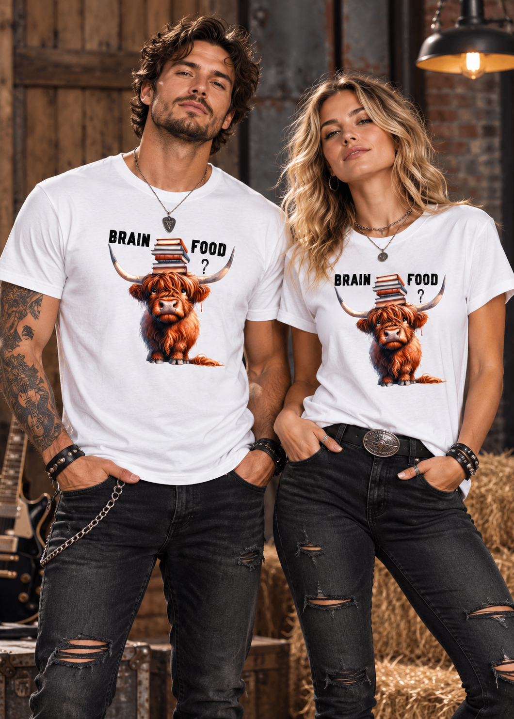 Tragebeispiel: Unisex-T-Shirt „Brain Food?“ in White.