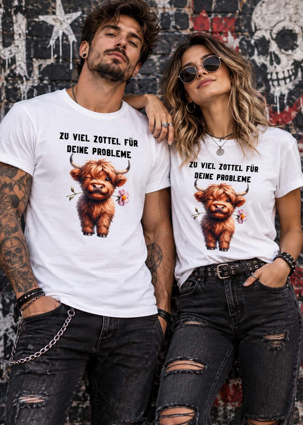 Tragebeispiel: Unisex-T-Shirt „Zu viel Zottel für deine Probleme“ in White.