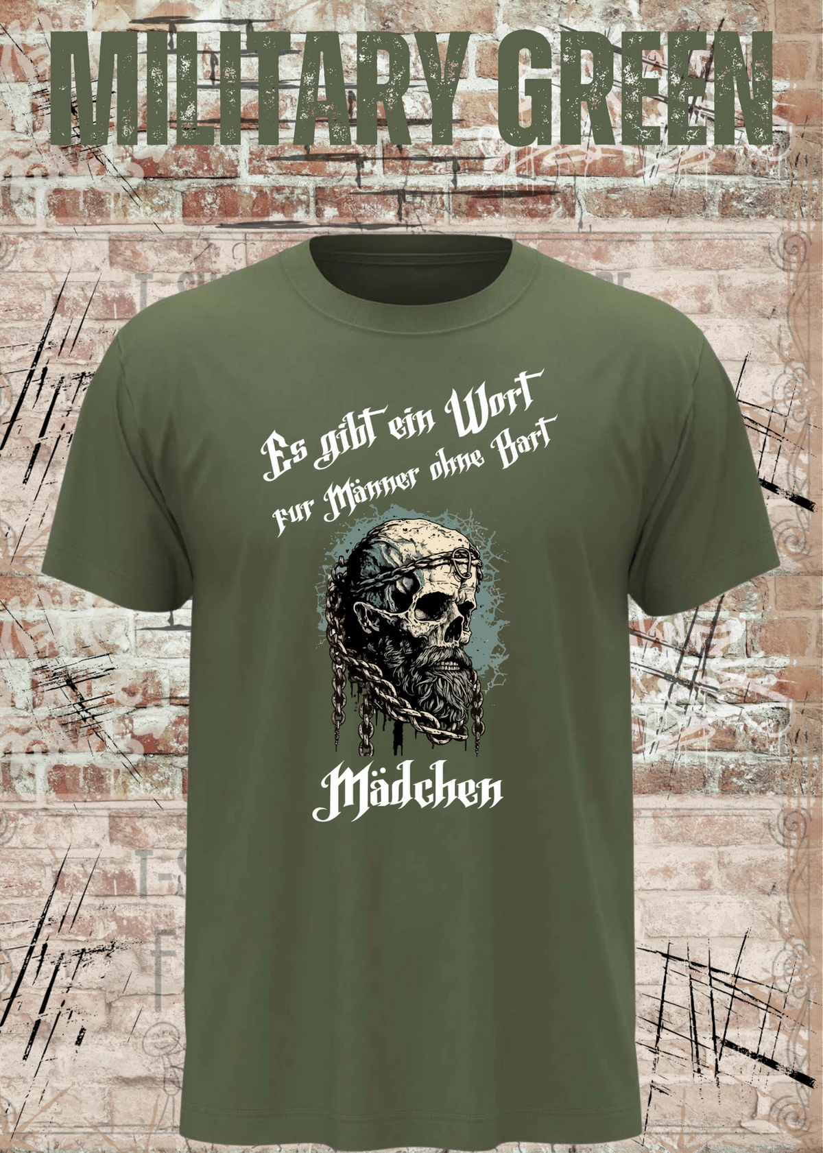 Herren-T-Shirt „Es gibt einen Namen für Männer ohne Bart“ in Military Green.
