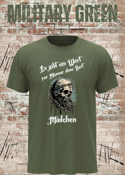 Herren-T-Shirt „Es gibt einen Namen für Männer ohne Bart“ in Military Green.