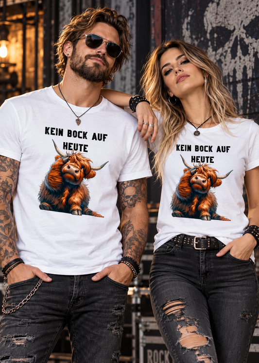 Tragebeispiel: Unisex-T-Shirt „Kein Bock auf heute“ in White.