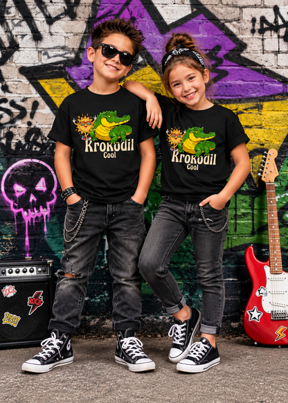 Tragebeispiel: Krokodil Cool – Kinder T-Shirt für Jungen & Mädchen in Black Opal.