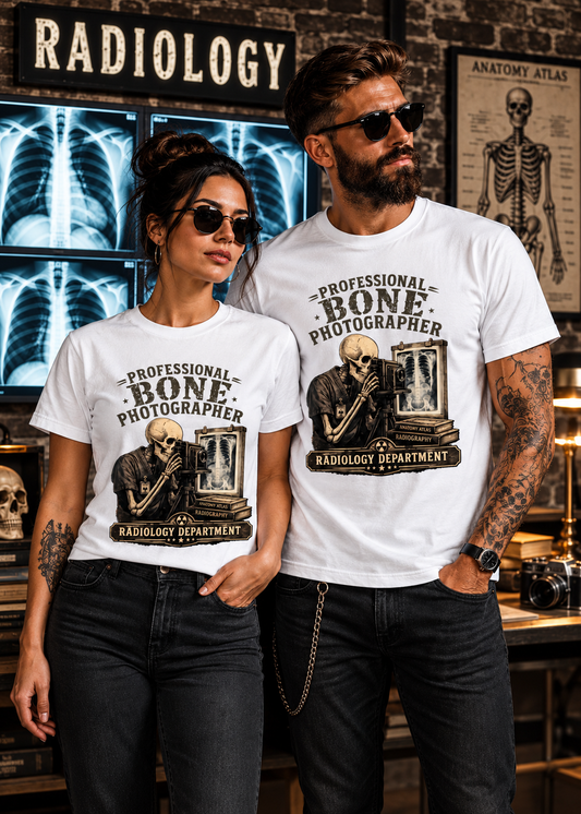 Tragebeispiel: Professional Bone Photographer T-Shirt – Radiology Department Shirt für Röntgen & Klinik in White.