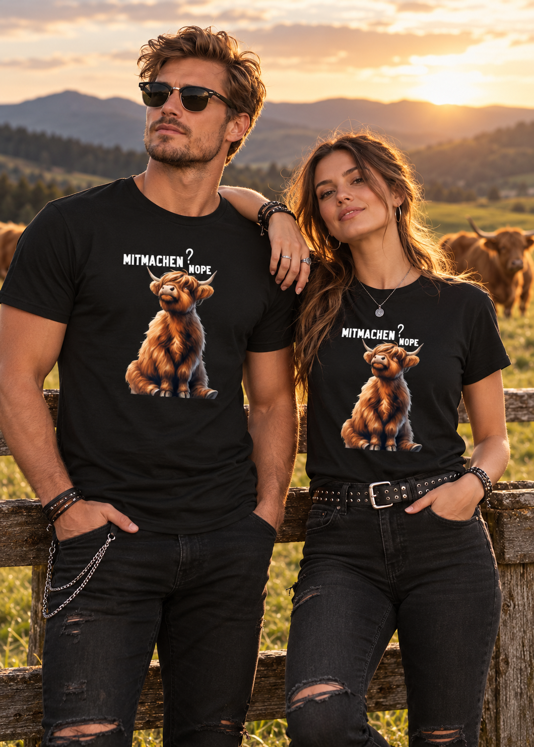 Mann und Frau tragen schwarze Highland Kuh T-Shirts mit sitzendem Hochlandrind und Spruch Mitmachen? NOPE. auf einer Weide