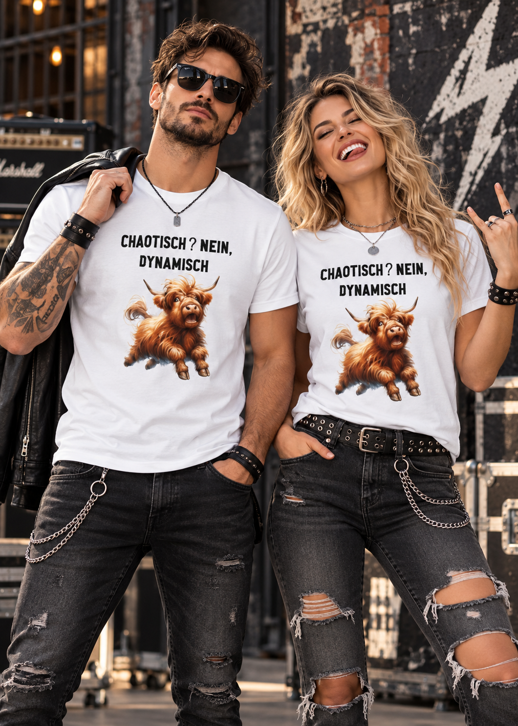 Tragebeispiel: Unisex-T-Shirt „Chaotisch? Nein, dynamisch!“ in White.