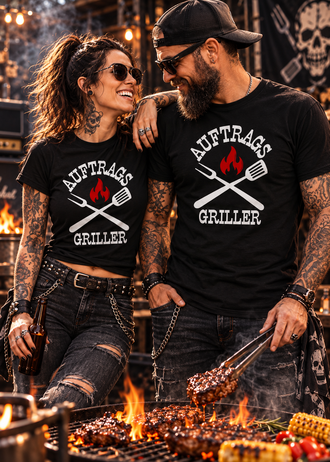 Tragebeispiel: Auftrags-Griller T-Shirt in Black Opal.