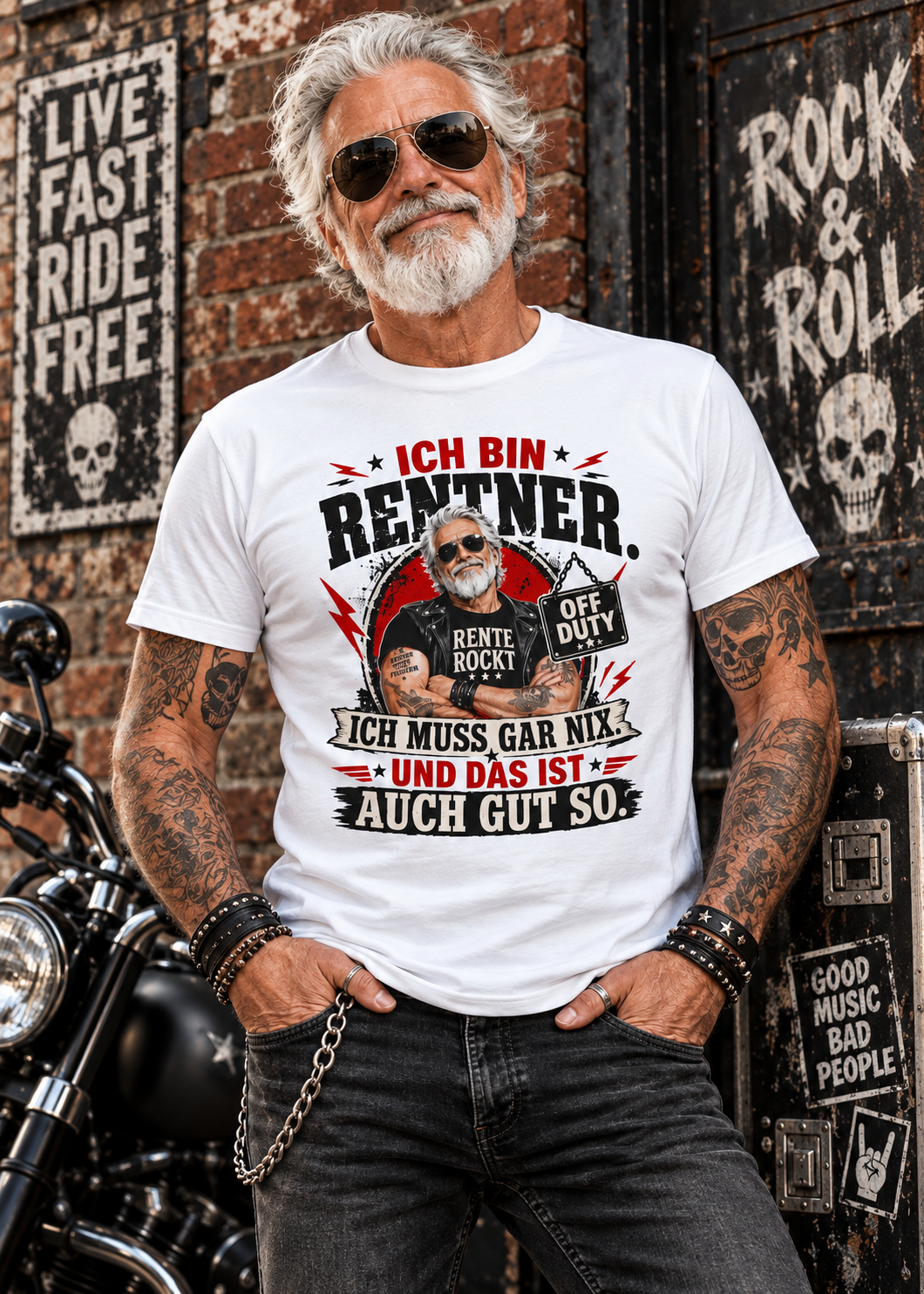 Tragebeispiel: Herren-T-Shirt „Ich bin Rentner – Ich muss gar nix“ in White.