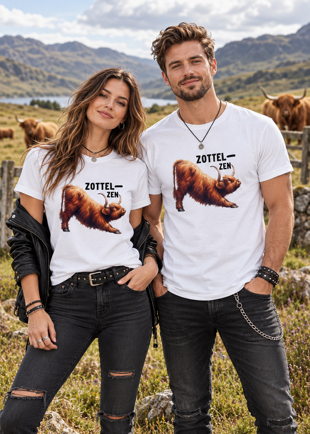 Tragebeispiel: Unisex-T-Shirt „Zottel-Zen“ in White.
