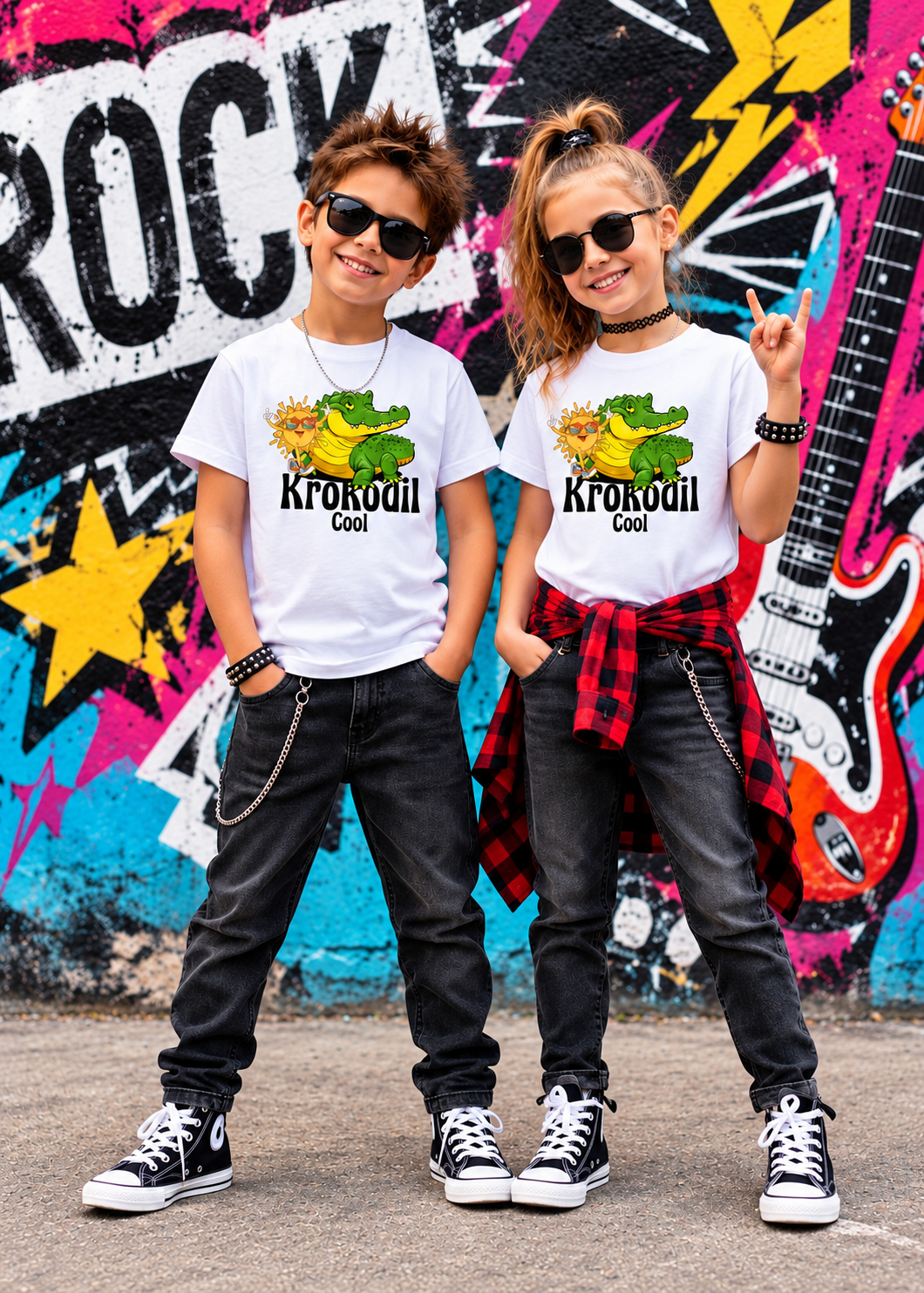 Tragebeispiel: Krokodil Cool – Kinder T-Shirt für Jungen & Mädchen in White.