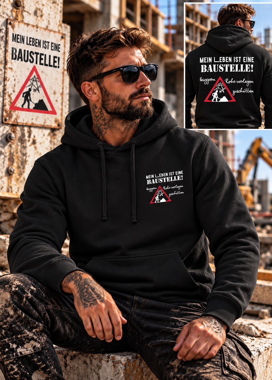 Tragebeispiel: Mein Leben ist eine Baustelle – Der Hoodie für echte Macher in Deep Black.