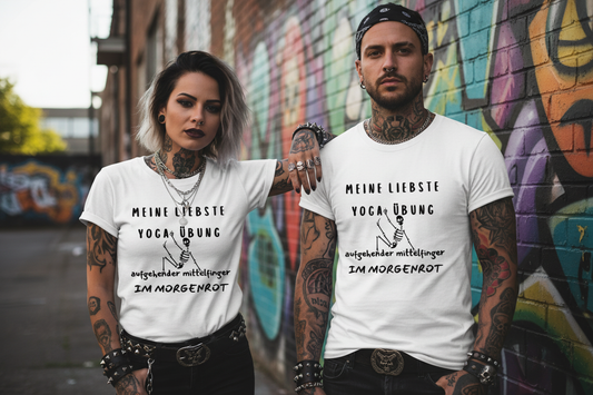 Rocker Paar mit Yoga Mittelfinger T-Shirts