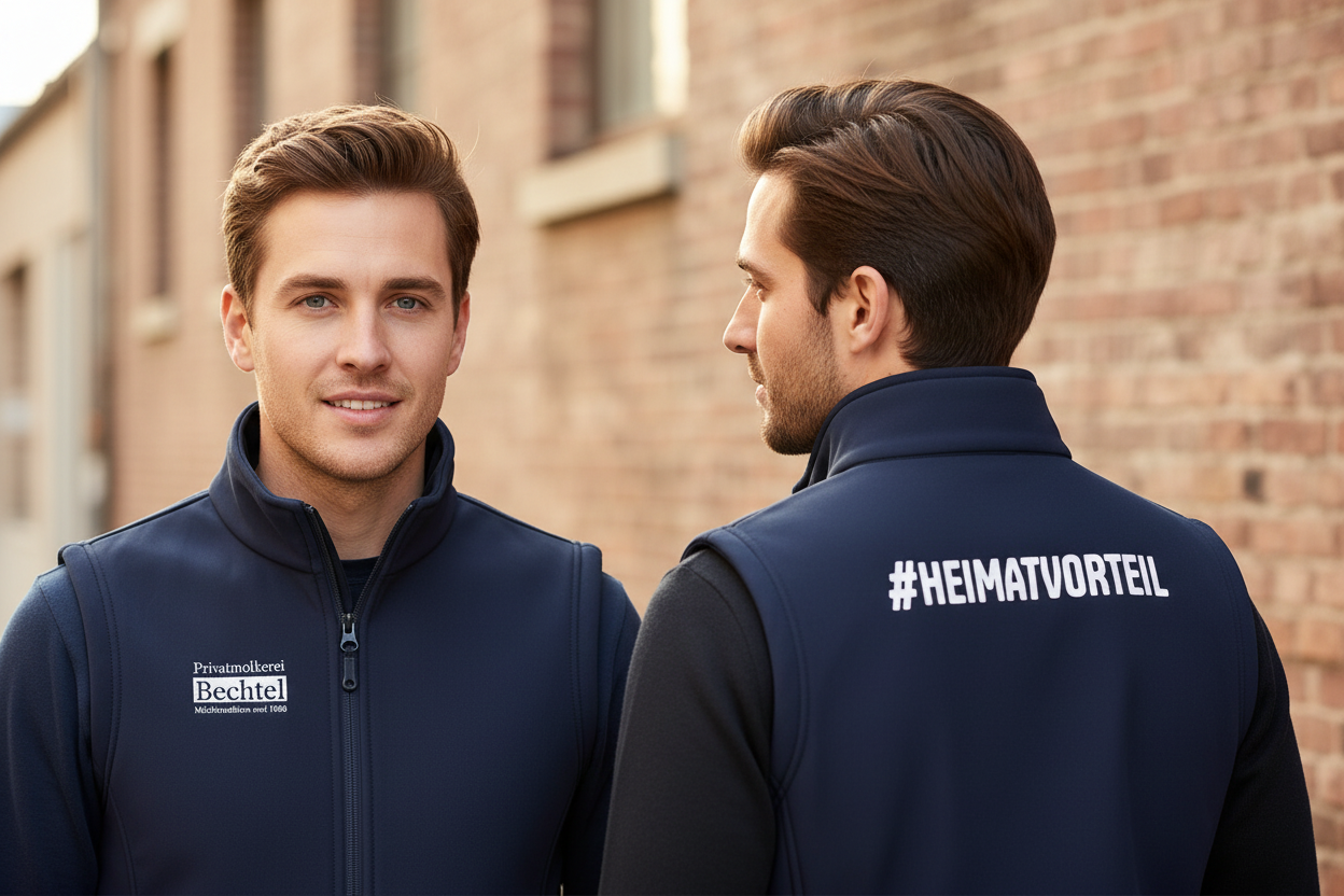 Softshell Weste Navy – zwei Männer