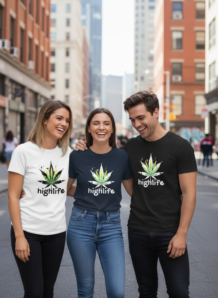 Street-Lifestyle-Foto mit zwei Frauen und einem Mann in Highlife-T-Shirts