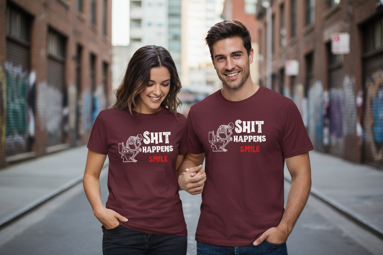 Streetlife Bild mit Mann und Frau im Shit Happens Smile T-Shirt