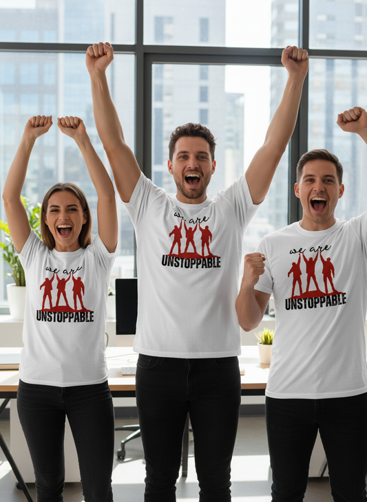 Team-Foto mit "We are Unstoppable"-T-Shirts