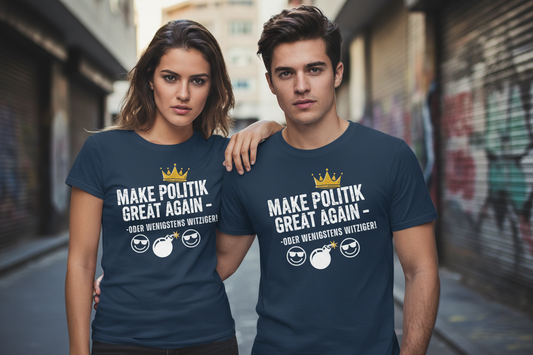 Urban couple wearing Politik t-shirts