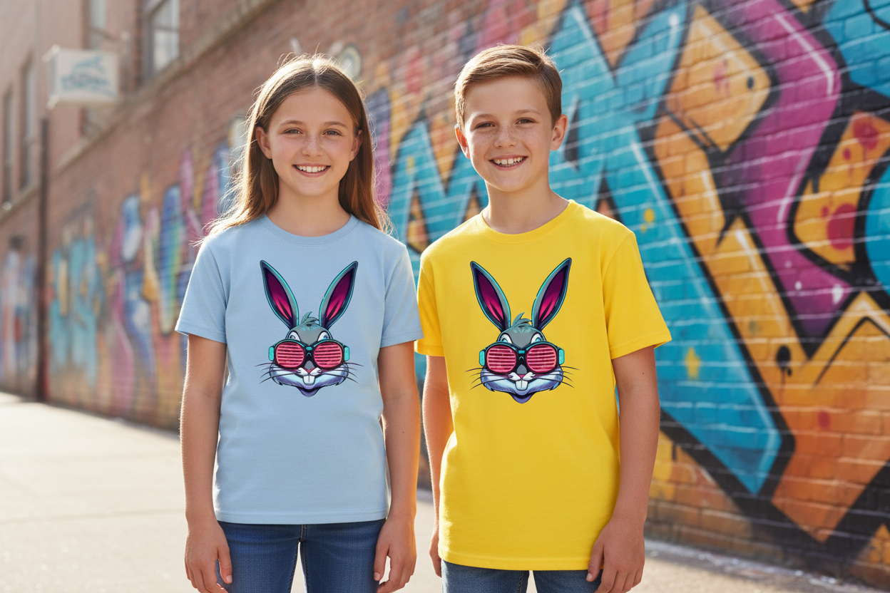 Weißer Junge und weißes Mädchen mit T-Shirts